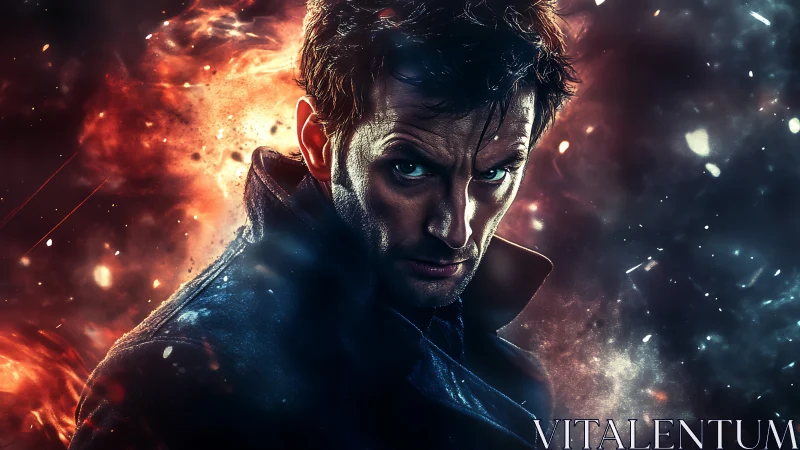 Brooding man in fiery cosmic storm portrait artwork.