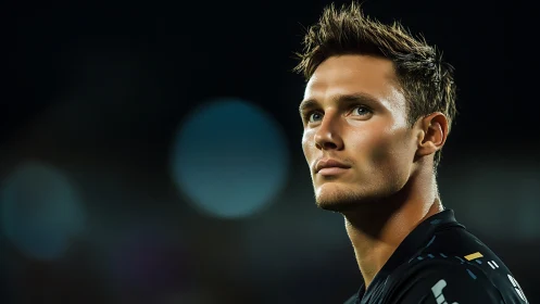 Stadium lights and quiet focus on a determined young player.