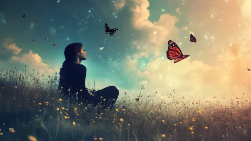 Noctilucent meadow reverie with luminous butterfly vectors.