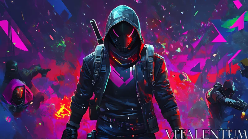 Hooded cyberpunk operative in neon urban firefight.