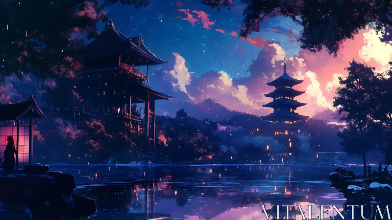 Lakeside pagodas stand under a vivid twilight sky