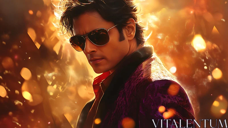 Smoldering portrait of man in sunglasses amid amber bokeh.