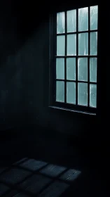 Cold frosted window casts gridded light onto dark wooden floor