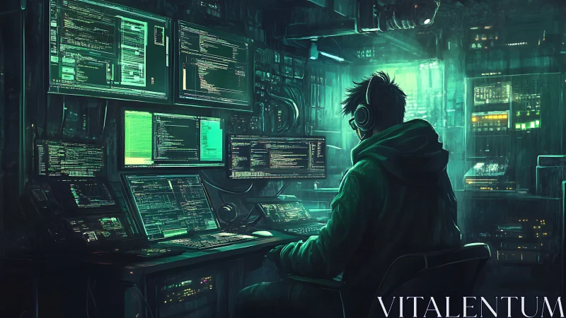 Solitary hacker in neon server bunker monitors code flows.