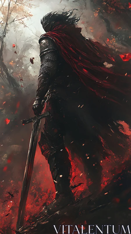 Armored warrior stands with sword amid red embers