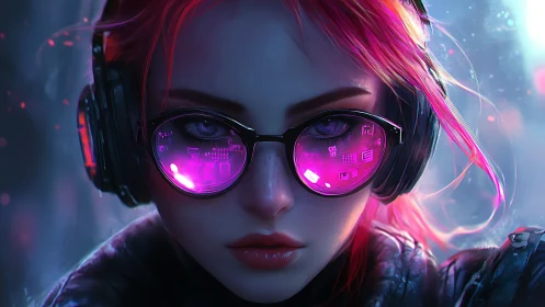 Neon hacker girl gazes through cyberpunk magenta mirrors.