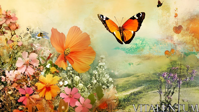 Butterfly Garden Landscape: Digital Composite with Vintage Aesthetic