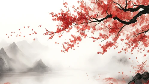 Red blossom branch arcs over misty mountains and lake