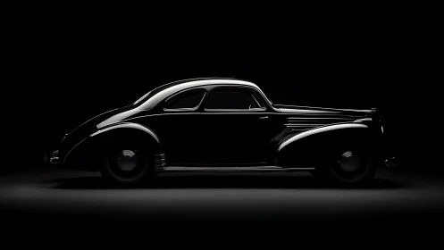 Side profile of streamlined vintage coupe in low key light