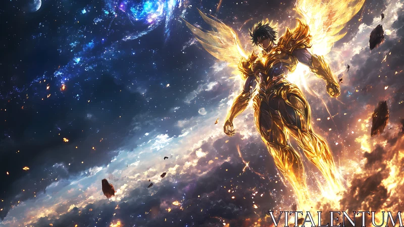 Stellar-scale winged warrior in radiative golden exo-armor.
