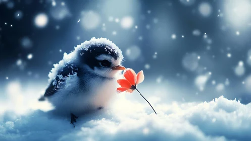 Snow-Covered Songbird Presenting Red Bloom in Winter Landscape.