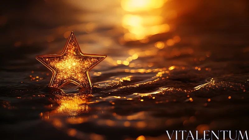 Glowing metallic star ornament rests in shallow water at sunset