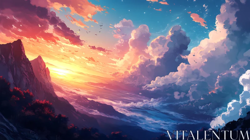 Vibrant digital sunset above dramatic mountain coastline.