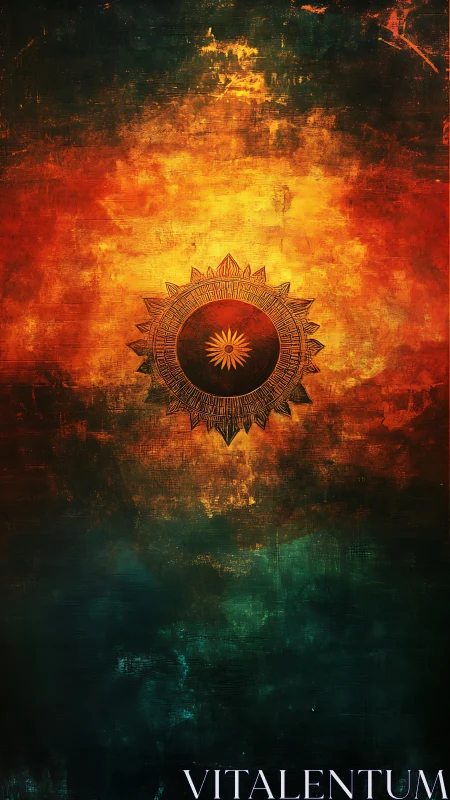 Radiant mandala sun glows warmly over deep teal shadows