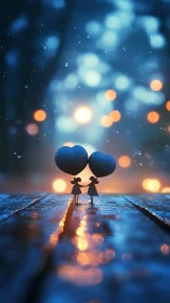 Two Silhouettes Holding Heart Balloons Against Bokeh Lights.
