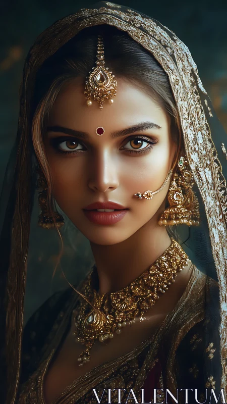 Digital painting portrait of jeweled bridal elegance in chiaroscuro.