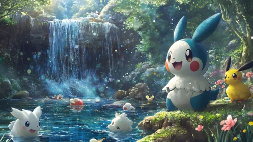 Joyful forest creatures share a sparkling waterfall hideaway