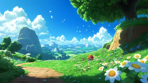 Cartoon hillside landscape shows path, tree, and distant valley