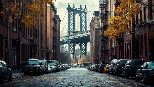 Urban street frames steel suspension bridge with parked cars