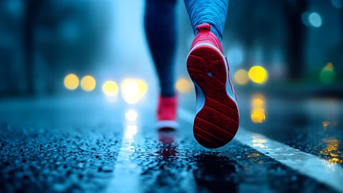 Night run on wet city street with vivid red sneakers.