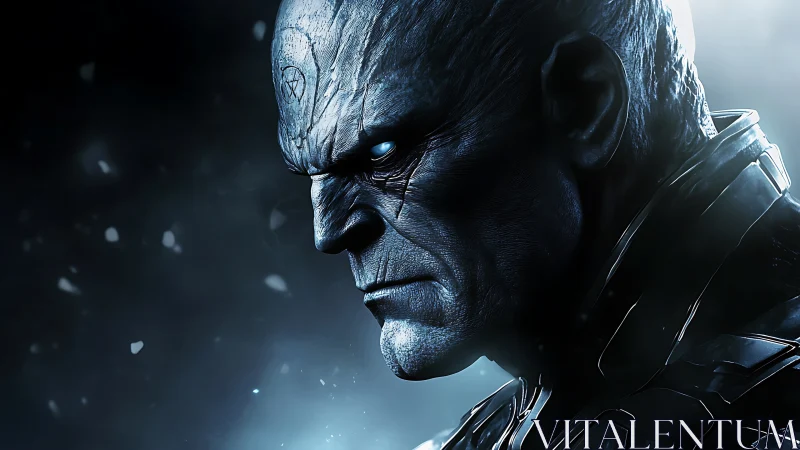 Brooding armored alien warlord stares into icy darkness.