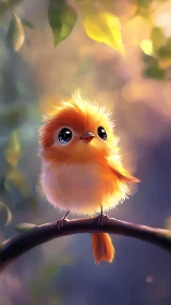 Fluffy orange songbird gazes upward through soft forest light