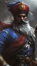 Bearded turbaned warrior in ornate blue red garments portrait.