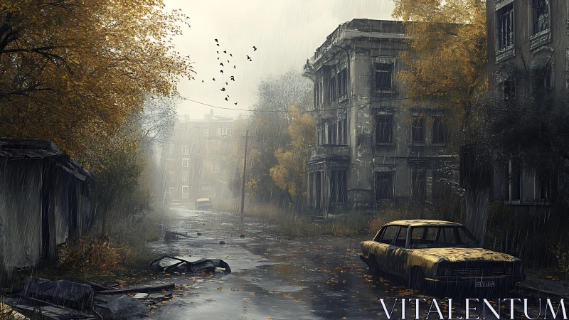 Rain-soaked abandoned street with decayed buildings and car.