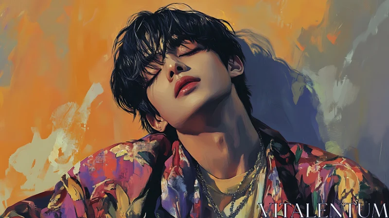 Sunlit portrait of dreamy youth in vivid floral jacket.