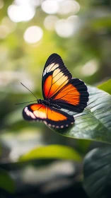 Vivid orange butterfly poised on leaf in soft bokeh grove.