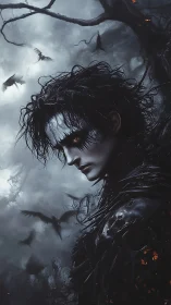 Dark-clad figure with avian forms occupies a misted forest