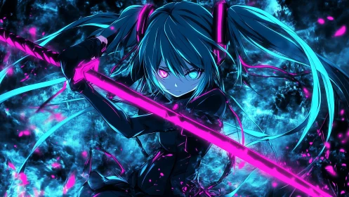 Neon cyberblade warrior in high-contrast anime composition.