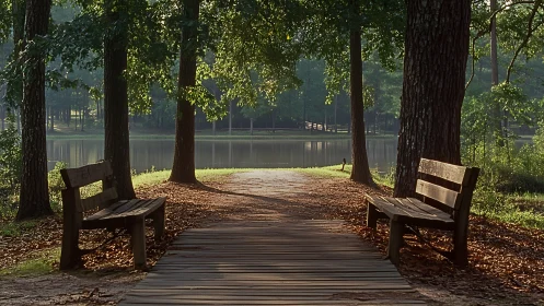 Morning light welcomes quiet benches beside a peaceful lake