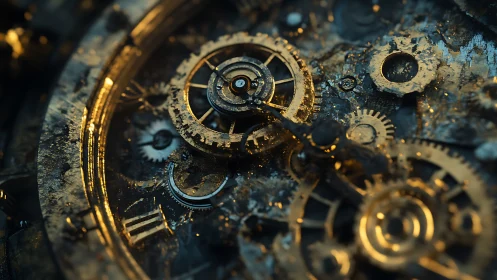 Gleaming clockwork gears glint through timeworn metal dust