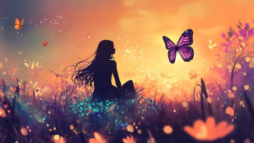 Silhouette girl with glowing butterflies in sunset meadow.