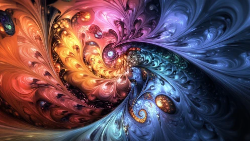 Multicolor fractal vortex with swirling iridescent filament structures