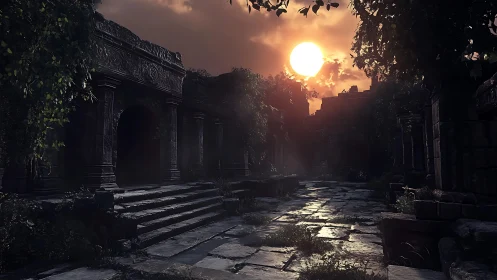 Sunlit stone ruins with overgrown vegetation at sunset