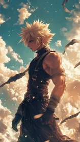 Spiky-haired warrior stands amid glowing clouds at dusk.