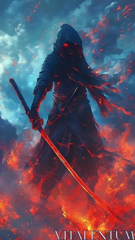 Hooded fireblade warrior emerging through infernal flames.
