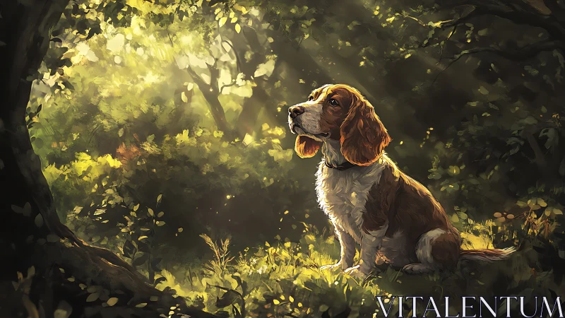Gentle beagle resting in golden forest morning light.