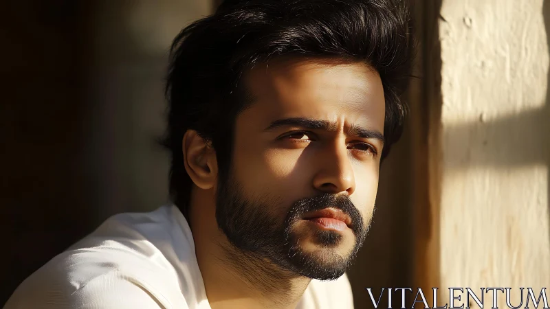 Pensive bearded man in warm side light by window frame.