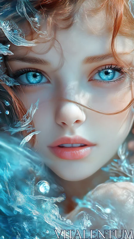 Ocean-eyed portrait entwined with crystalline waterscape.