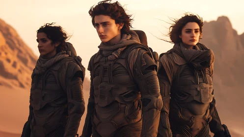 Desert-clad space wanderers stride through ember dusk.