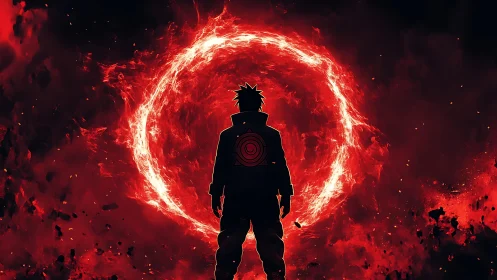 Silhouetted warrior faces incandescent red energy vortex