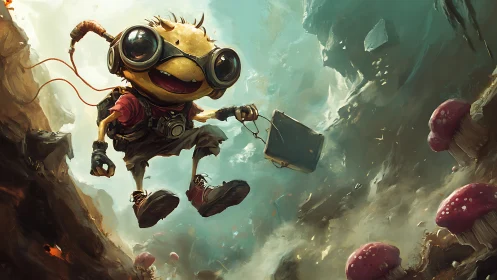 Goggled creature leaps through fungal canyon in dynamic perspective.