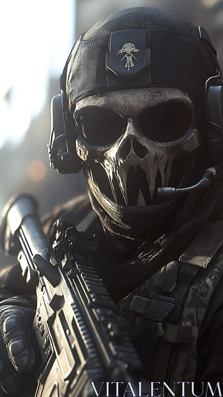Tactical operator in skull mask with rifle in focus.