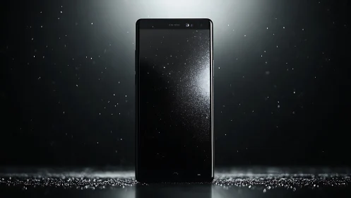 Dark smartphone against dramatic particle rain effect.