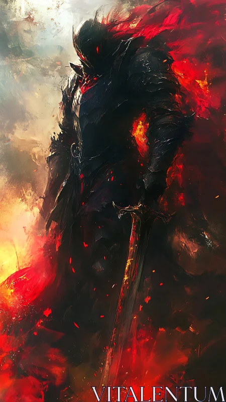 Dark armored warrior wreathed in flames holding sword
