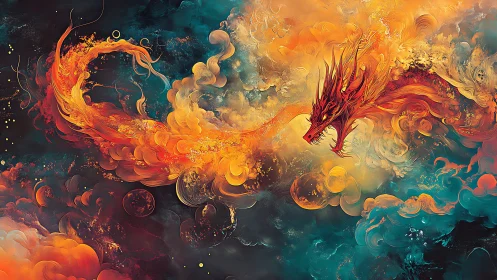 Fiery dragon form emerging within swirling colored clouds.