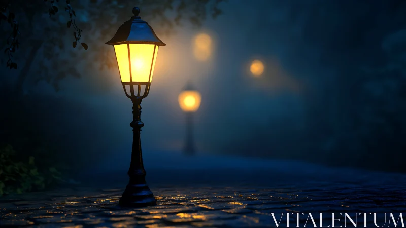 Soft lamplight guiding a misty cobblestone night walk.